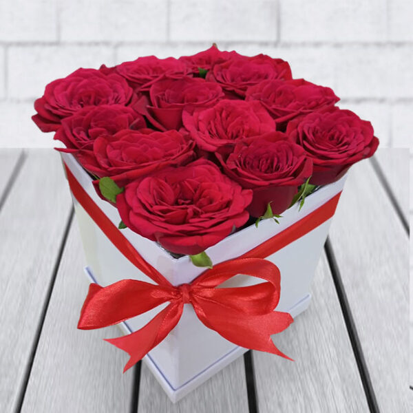 Red Roses in White Square Box
